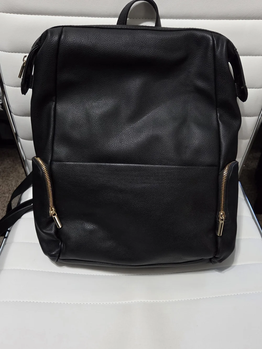A New Day Black Faux Leather Zip Closure Backpack Purse Gold Hardware